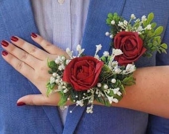 Homecoming Corsage - Prom - Wooden Corsage - Sola Flowers - Red - Navy - White - Wedding Corsage with Personalized Charm