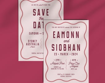 Modern Wavy Pink and Red Bold Retro Squiggle Wedding Invitation Set