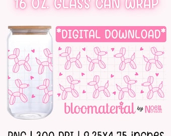 Pink Balloon Dogs 16 oz. Cup Wrap PNG Libbey Glass Can Wrap PNG Digital Download