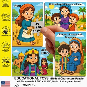 Puede incluir: Un conjunto de cuatro rompecabezas infantiles con personajes bíblicos. Cada rompecabezas tiene 40 piezas y representa escenas con Rut, Rebeca, Jacob, Esaú, Raquel, José, Benjamín y la Reina Ester. Los rompecabezas son de cartón resistente.