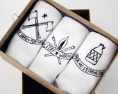 Handkerchiefs set of 3 Mens Hankies with Axe, Moonshine and Matches prints