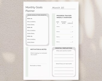 Pode incluir: Um planejador mensal de metas em PDF imprimível branco com seções para metas, etapas de ação e acompanhamento semanal do progresso. O planejador inclui espaço para anotações e reflexão mensal. O texto no planejador diz "Monthly Goals Planner" e "Printable PDF | Minimal | Ink-Friendly."