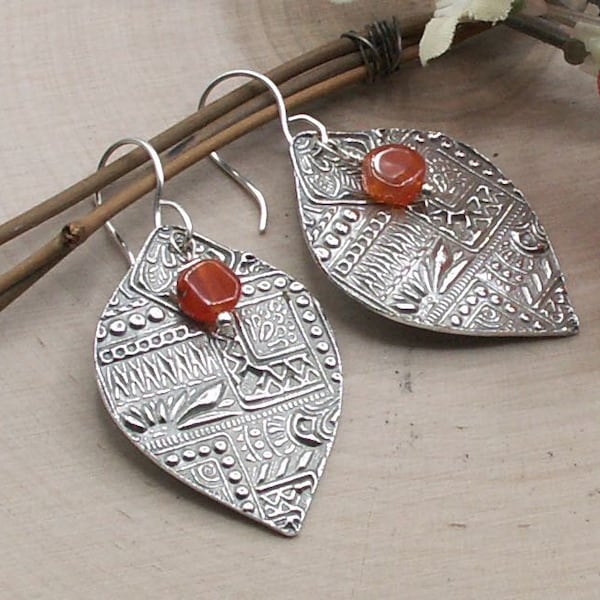 Sterling Silver Carnelian PMC Metal Clay Earrings Gypsy Style Artisan Handmade Earrings