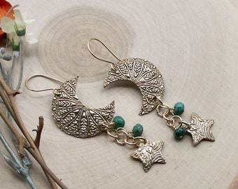 Artisan Handmade Golden Bronze African Turquoise, Moon & Star PMC Metal Clay Long Dangle Earrings