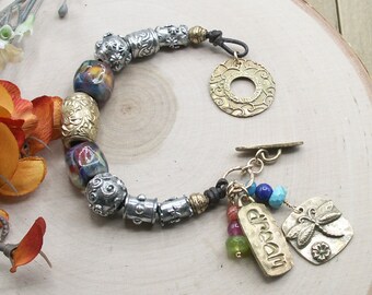 Artisan Sterling Silver, Gold Bronze, Lampwork Glass Handmade Beaded Bracelet, Sundance Style, Metal Clay PMC Toggle & Charm