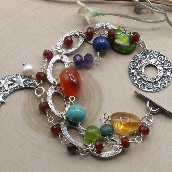 Carnelian, Quartz, Lapis, Amethyst, Turquoise Sterling Silver 3 Strand Bracelet w/ Metal Clay Toggle Artisan Handmade Sundance Style Jewelry