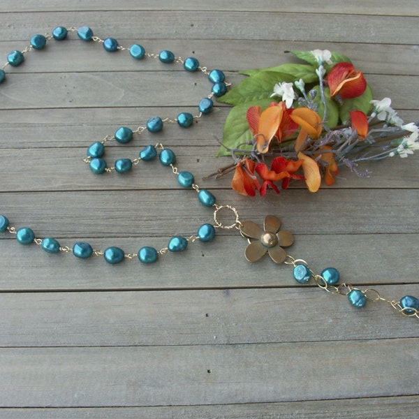 Ocean Blue Freshwater Pearl Bronze & Gold Filled Statement Long Boho Gypsy Necklace PMC Metal Clay Sundance Style