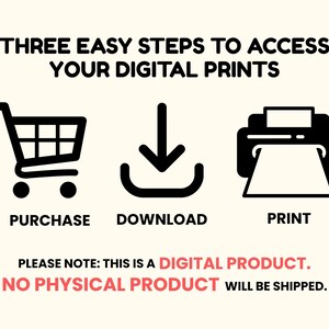 May include: An infographic illustrating the process of accessing digital prints. It features a shopping trolley, a downward arrow, and a printer, with the words "PURCHASE," "DOWNLOAD," and "PRINT" underneath. The text "PLEASE NOTE: THIS IS A DIGITAL PRODUCT. NO PHYSICAL PRODUCT WILL BE SHIPPED." is also included.