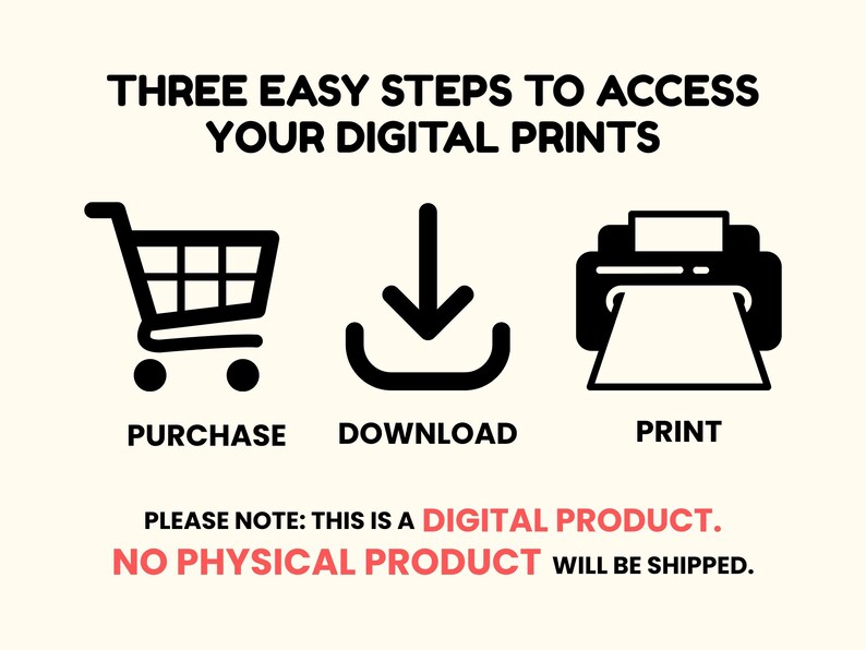 May include: An infographic illustrating the process of accessing digital prints. It features a shopping trolley, a downward arrow, and a printer, with the words "PURCHASE," "DOWNLOAD," and "PRINT" underneath. The text "PLEASE NOTE: THIS IS A DIGITAL PRODUCT. NO PHYSICAL PRODUCT WILL BE SHIPPED." is also included.