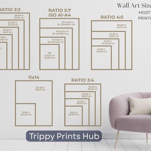 May include: Wall art size guide showing dimensions in inches and centimetres. Ratios include 2:3, 5:7, 4:5, and 3:4, with sizes such as 24x36 in (61x91 cm) and 12x18 in (30x46 cm). The text "Trippy Prints Hub" is at the bottom.