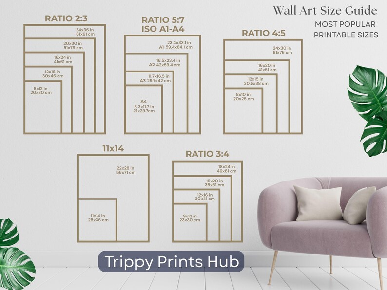 May include: Wall art size guide showing dimensions in inches and centimetres. Ratios include 2:3, 5:7, 4:5, and 3:4, with sizes such as 24x36 in (61x91 cm) and 12x18 in (30x46 cm). The text "Trippy Prints Hub" is at the bottom.