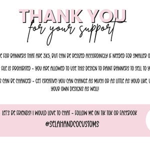 Peut inclure: Fond blanc avec le texte "THANK YOU for your support" en noir et rose. Le texte est suivi d'instructions sur les mod&egrave;les et les r&eacute;seaux sociaux.