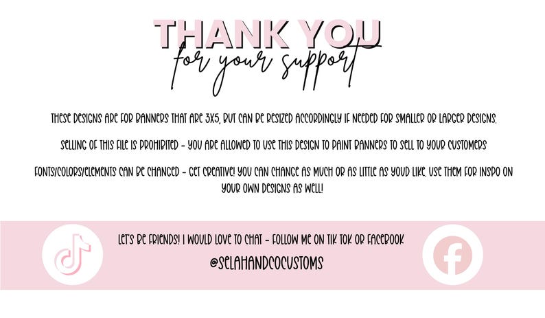 Peut inclure: Fond blanc avec le texte "THANK YOU for your support" en noir et rose. Le texte est suivi d'instructions sur les mod&egrave;les et les r&eacute;seaux sociaux.