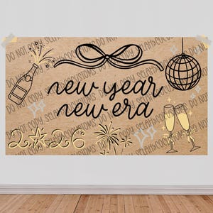 Peut inclure: Une conception festive sur le th&egrave;me du Nouvel An sur fond marron. La conception comprend une bouteille de champagne, une boule disco, des fl&ucirc;tes &agrave; champagne, des feux d'artifice et le texte "new year new era" et "2026".