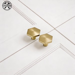 Può includere: Due pomelli esagonali color ottone sono mostrati su uno sfondo bianco. I pomelli hanno un design moderno e sono montati su un'anta bianca. I pomelli sono in metallo e hanno una finitura lucida.