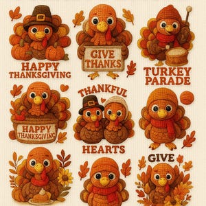 Puede incluir: Ilustración digital con diez diseños de pavo crochet en colores otoñales. Cada pavo se representa en una pose única, algunos sosteniendo carteles con frases como "Give Thanks" y "Happy Thanksgiving". También está presente el texto "10 Crochet Turkey Designs" y "High Quality 300 DPI PNGs".
