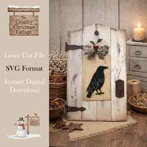 May include: A rustic wooden door with a black raven silhouette on a tan background. The door has a decorative bow and a metal handle. The text "The Country Christmas Cottage" is visible.