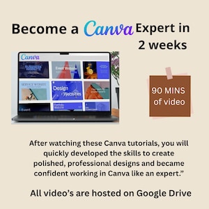 Op de afbeelding: Een laptopscherm toont de Canva-interface met ontwerpvoorbeelden. Tekst luidt "Word een Canva Expert in 2 weken" en "90 MINS video". De afbeelding promoot tutorials om ontwerpvaardigheden te ontwikkelen.