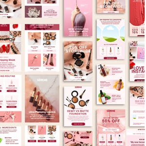May include: A collage of beauty product advertisements. The ads feature various makeup items like lipsticks, foundations, and skincare products. Each ad has a clean design with product images and text, promoting sales and new arrivals.
