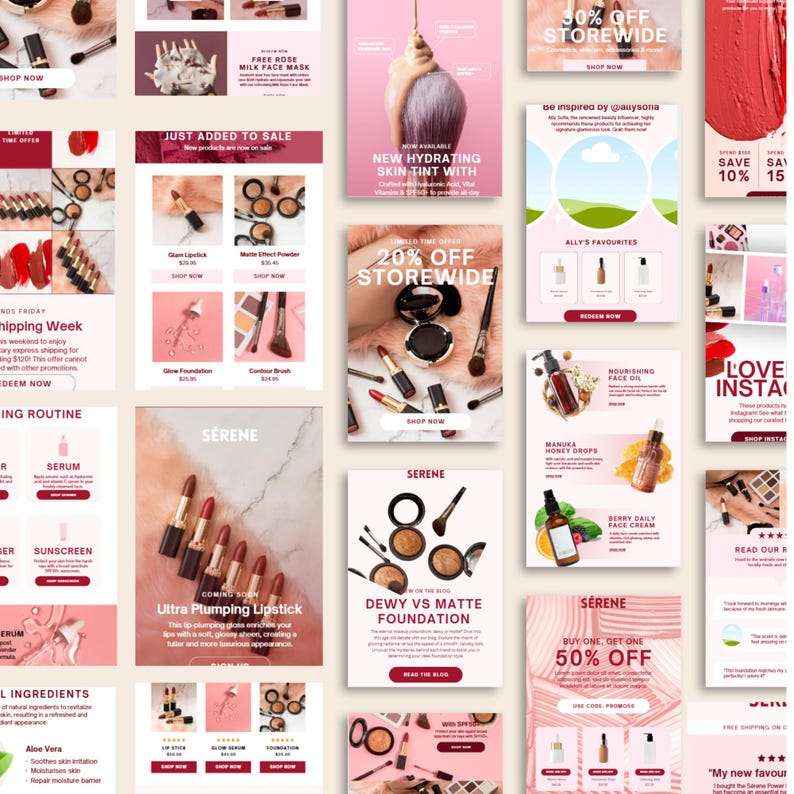 May include: A collage of beauty product advertisements. The ads feature various makeup items like lipsticks, foundations, and skincare products. Each ad has a clean design with product images and text, promoting sales and new arrivals.
