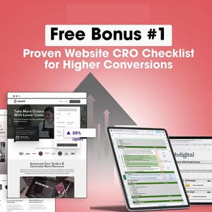 May include: A promotional image with a red gradient background. The text "Free Bonus #1" and "Proven Website CRO Checklist for Higher Conversions" are displayed. Three digital tablets and a laptop show website mockups and data analysis. The Craver logo is visible.