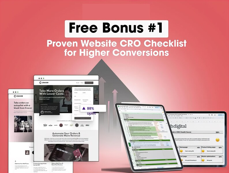 May include: A promotional image with a red gradient background. The text "Free Bonus #1" and "Proven Website CRO Checklist for Higher Conversions" are displayed. Three digital tablets and a laptop show website mockups and data analysis. The Craver logo is visible.