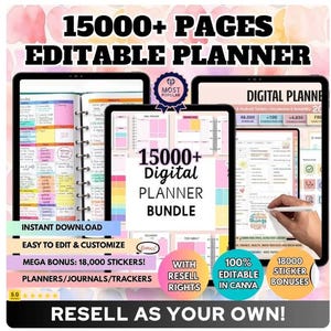Könnte beinhalten: Digitales Planer-Bundle mit über 15.000 Seiten, editierbar und anpassbar. Enthält 18.000 Sticker-Boni. Mit dem Text "Verkaufe es als dein eigenes!" und "Am beliebtesten".