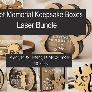 May include: A collection of laser-cut pet memorial keepsake boxes in various shapes, including paw prints, hearts, and dog and cat silhouettes. The boxes are made of light-colored wood and feature engraved text such as "Loving Memory of Jake".