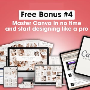 May include: A promotional image with a red background featuring various digital devices displaying Canva design examples. Text reads "Free Bonus #4 Master Canva in no time and start designing like a pro." A tablet displays "Canva Crash Course."