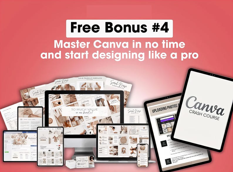 May include: A promotional image with a red background featuring various digital devices displaying Canva design examples. Text reads "Free Bonus #4 Master Canva in no time and start designing like a pro." A tablet displays "Canva Crash Course."