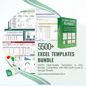 Könnte beinhalten: Eine grüne Box mit der Aufschrift "5.500+ EXCEL BUNDLE" wird neben Beispielen für Excel-Tabellen angezeigt. Das Bild zeigt auch den Text "5500+ EXCEL TEMPLATES BUNDLE" und "5500+ High-Quality Templates in One Bundle, Compatible with Microsoft Excel & Google Sheets."