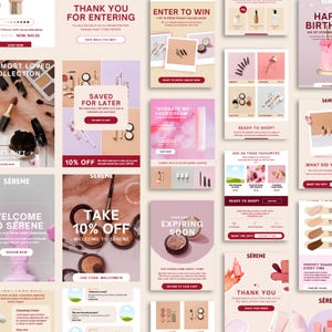 May include: A collage of marketing materials for a beauty brand, featuring various product images, text, and promotional offers. The color palette includes pink, beige, and white. Text includes "Thank You," "Enter to Win," and "10% Off."