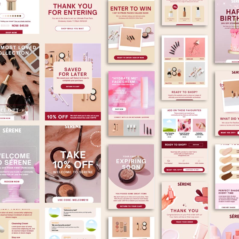 May include: A collage of marketing materials for a beauty brand, featuring various product images, text, and promotional offers. The color palette includes pink, beige, and white. Text includes "Thank You," "Enter to Win," and "10% Off."