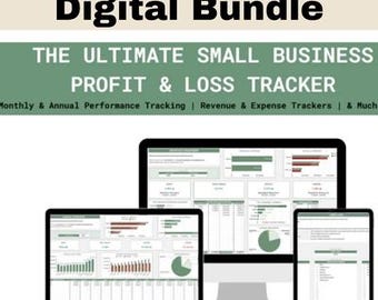 May include: An image showcasing a digital business bundle with the text "Ultimate Business Digital Bundle." The image displays a laptop, desktop monitor, and tablet, each showing a profit and loss tracker with charts and graphs.