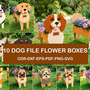 Könnte beinhalten: Eine Sammlung von zehn hundeförmigen Blumenkästen aus Holz, die jeweils mit bunten Blumen gefüllt sind. Die Kästen zeigen verschiedene Hunderassen, jeweils mit einem Namensschild. Der Text "10 DOG FILE FLOWER BOXES" ist deutlich sichtbar.