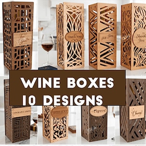 Könnte beinhalten: Eine Auswahl an lasergeschnittenen Weinkisten aus Holz mit verschiedenen Designs. Die Kisten haben Etiketten mit Aufschriften wie "Thank You" und "Cheers!". Das Bild zeigt auch den Text "WINE BOXES 10 DESIGNS".