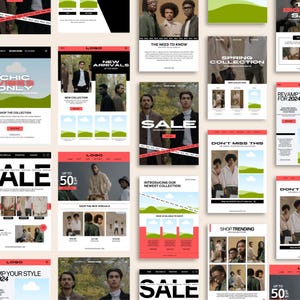 May include: A collection of e-commerce promotional graphics with a modern design. The layouts feature bold text, including "SALE," "NEW ARRIVALS," and "SHOP THE COLLECTION." The color scheme is primarily red, white, and black, with images of models showcasing clothing.