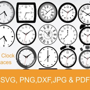 Op de afbeelding: Een verzameling van 15 zwart-witte klokgezichten in verschillende vormen, waaronder rond, vierkant en wekkerstijlen. De afbeelding bevat de tekst "89 Clock Faces" en "SVG, PNG, DXF, JPG & PDF".