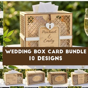 May include: A collection of ten laser-cut wooden wedding card boxes featuring intricate lattice patterns, personalised name engravings, and heart-shaped locks. The digital files are designed for a material width of 3 mm for assembly.