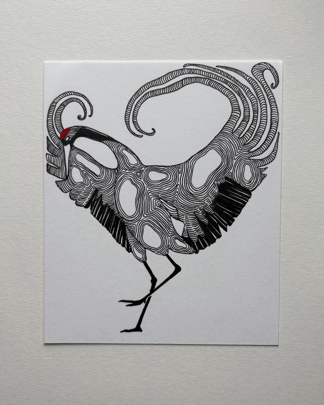 Original Ink Drawing, Red Crowned Crane Artwork, Hand-drawn on ...