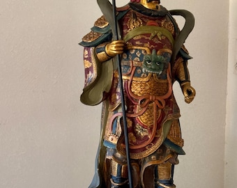 Vintage Chinese Carved Wood Guan Gong Yu Warrior God Polychrome Statue 40” Tall