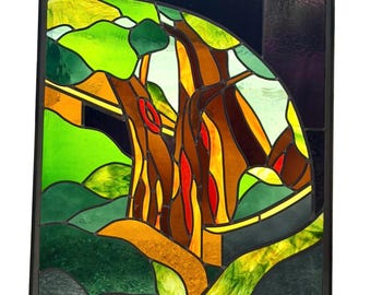 Vintage Stained Glass Window Panel Art Signed GFB Tiffany Style 31” X 25”