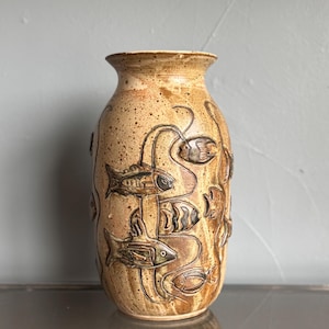Vintage Gus & Leola Gikas Studio Pottery Fish Stoneware Vase 1976