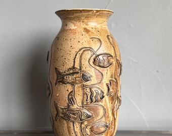 Vintage Gus & Leola Gikas Studio Pottery Fish Stoneware Vase 1976