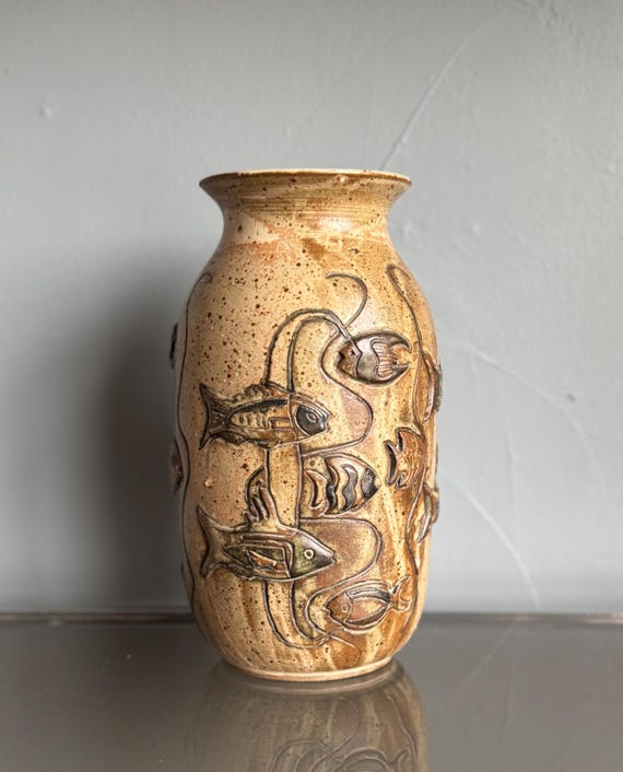 Vintage Gus & Leola Gikas Studio Pottery Fish Stoneware Vase 1976