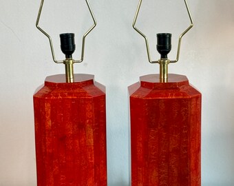 Vintage Pair Of Red Faux Leather Lucite Lamps