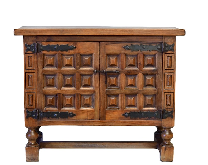 Featured listing image: Vintage Mid Century Spanish Walnut & Wrought Iron Side Table Cabinet