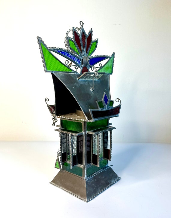 Vintage Asian Stained Glass Pendant Hanging House Oil Lamp