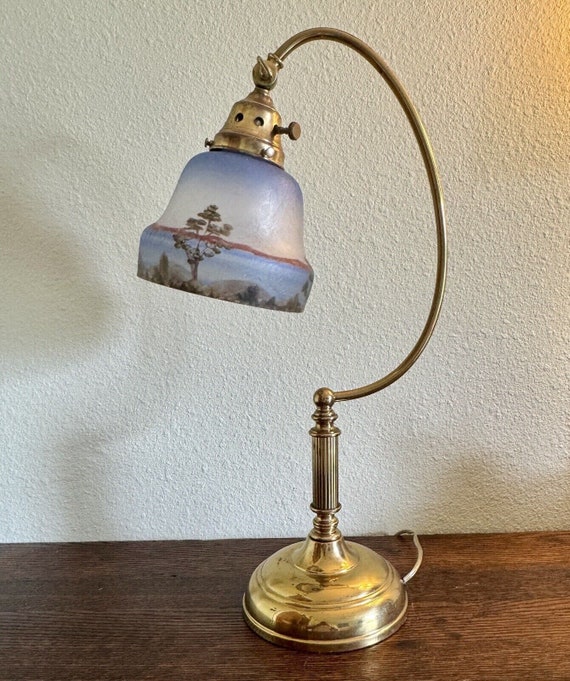 Vintage desert scene reverse painted brass lamp
