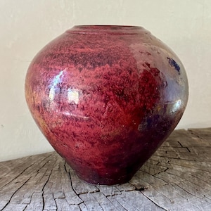 Original Red Glazed Raku Art Pottery Vase Signed
